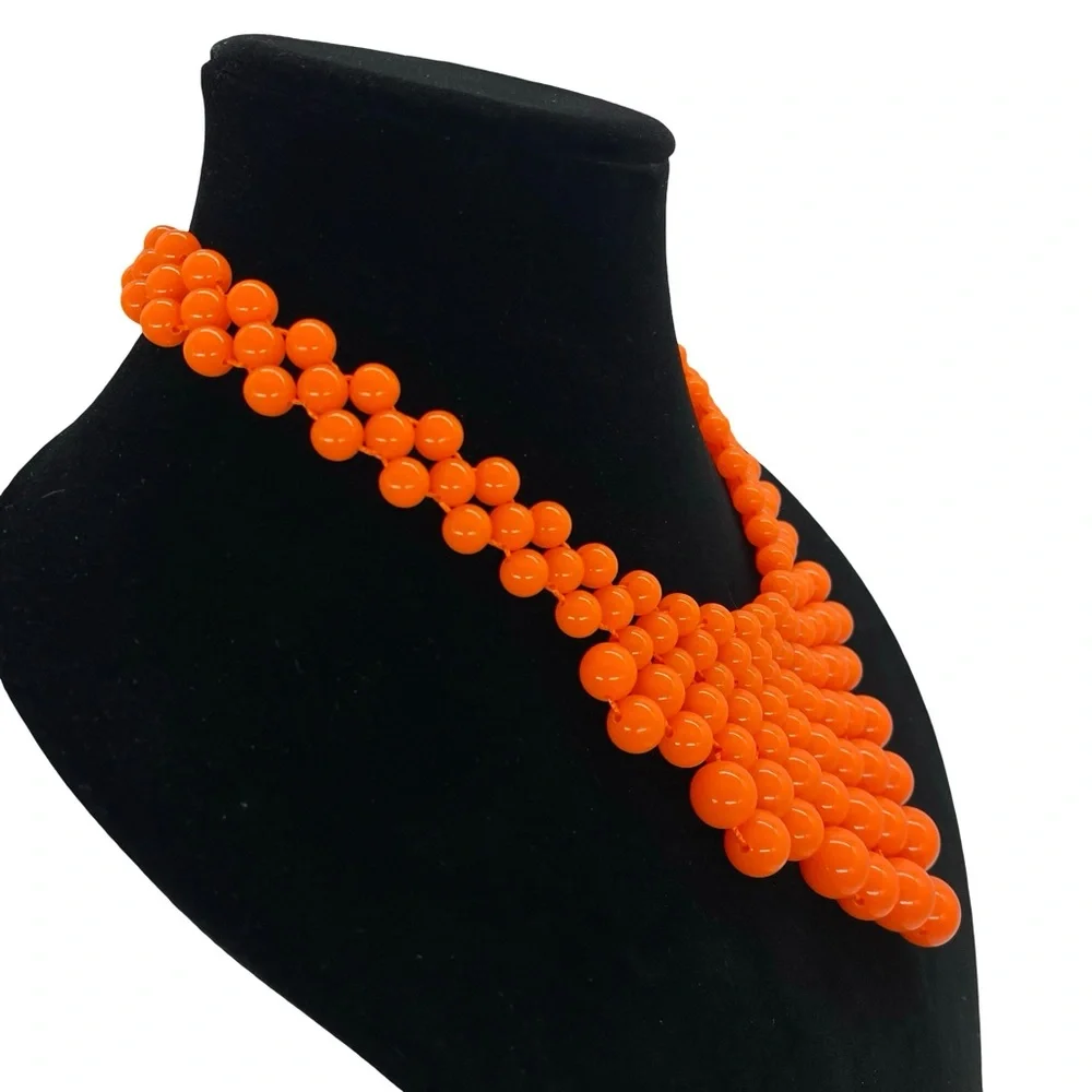 Amrita Singh Orange Beaded Bib Statement Necklace Retro Mod